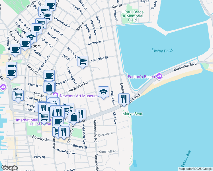 map of restaurants, bars, coffee shops, grocery stores, and more near 397 Gibbs Avenue in Newport