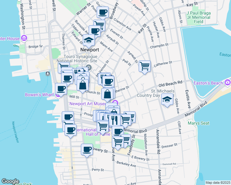 map of restaurants, bars, coffee shops, grocery stores, and more near 11 Catherine Street in Newport
