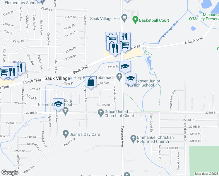 map of restaurants, bars, coffee shops, grocery stores, and more near 2515 Talandis Drive in Sauk Village