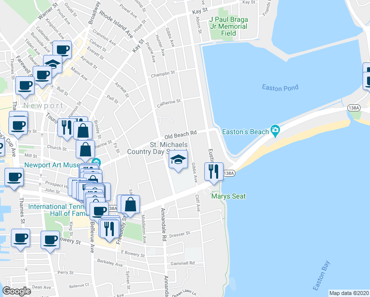 map of restaurants, bars, coffee shops, grocery stores, and more near 397 Gibbs Avenue in Newport