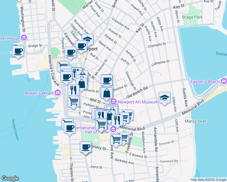 map of restaurants, bars, coffee shops, grocery stores, and more near 38 Bellevue Avenue in Newport