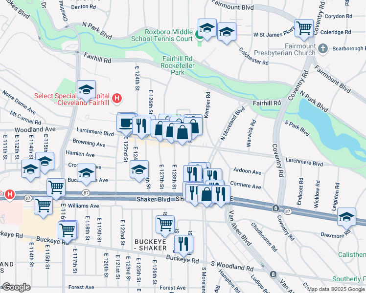 map of restaurants, bars, coffee shops, grocery stores, and more near 12906 Larchmere Boulevard in Cleveland