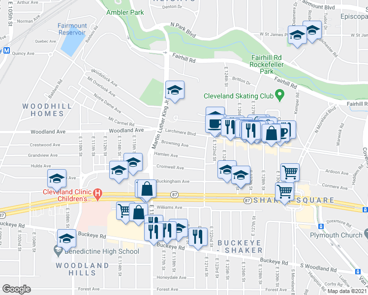 map of restaurants, bars, coffee shops, grocery stores, and more near 11903 Hamlen Avenue in Cleveland