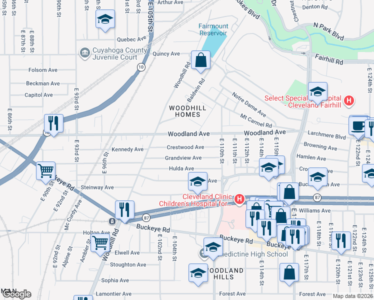 map of restaurants, bars, coffee shops, grocery stores, and more near 10623 Grandview Avenue in Cleveland