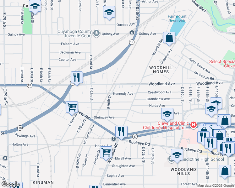 map of restaurants, bars, coffee shops, grocery stores, and more near 9808 Kennedy Avenue in Cleveland