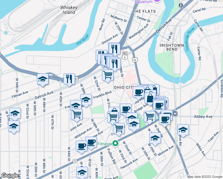 map of restaurants, bars, coffee shops, grocery stores, and more near 3014 Franklin Boulevard in Cleveland