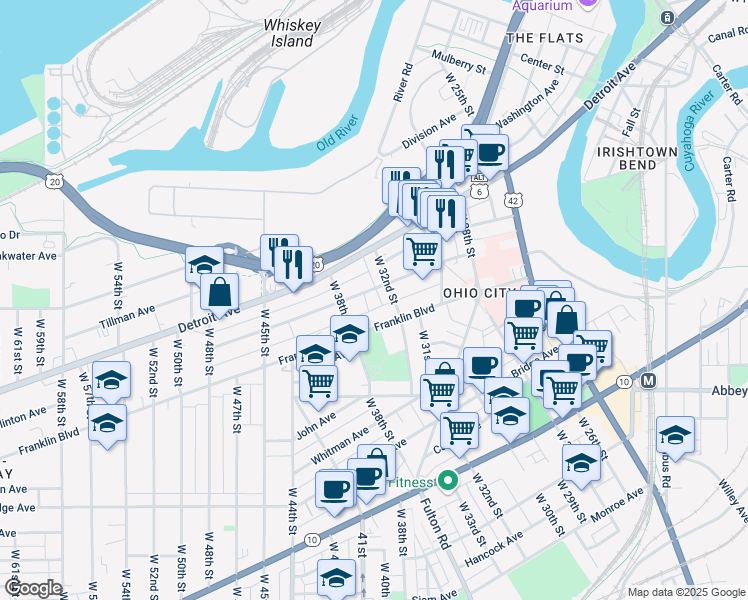 map of restaurants, bars, coffee shops, grocery stores, and more near in Cleveland