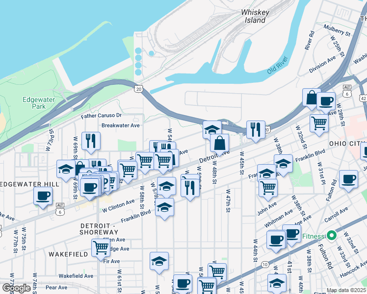 map of restaurants, bars, coffee shops, grocery stores, and more near 5208 Tillman Avenue in Cleveland