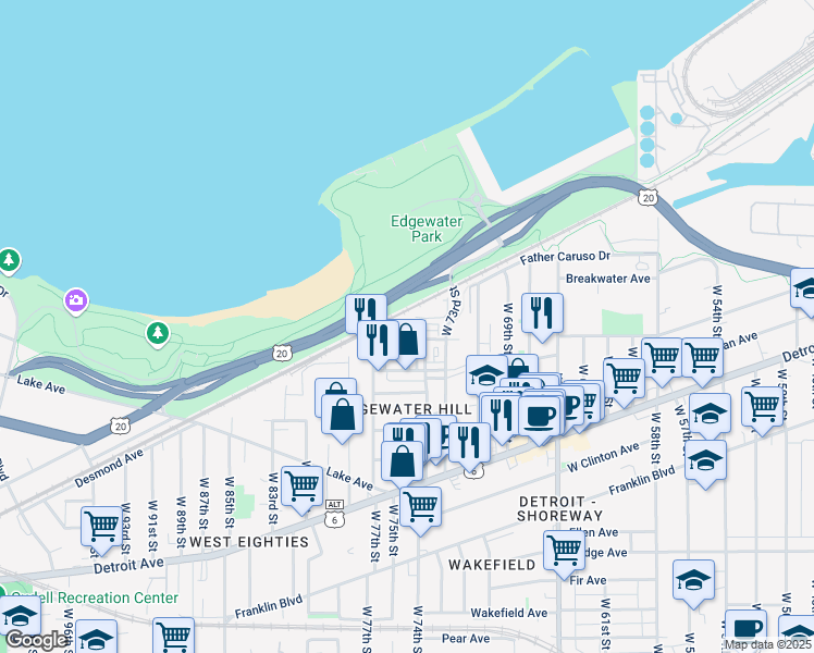 map of restaurants, bars, coffee shops, grocery stores, and more near 7524 Father Frascati in Cleveland