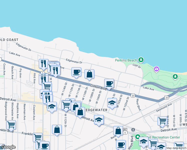 map of restaurants, bars, coffee shops, grocery stores, and more near in Cleveland