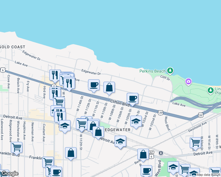 map of restaurants, bars, coffee shops, grocery stores, and more near in Cleveland