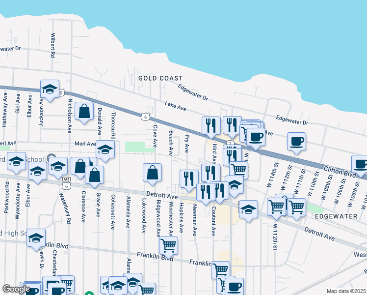map of restaurants, bars, coffee shops, grocery stores, and more near 1297 Fry Avenue in Lakewood
