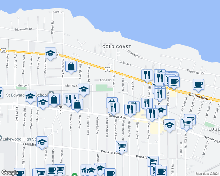 map of restaurants, bars, coffee shops, grocery stores, and more near 1314 Cove Avenue in Lakewood