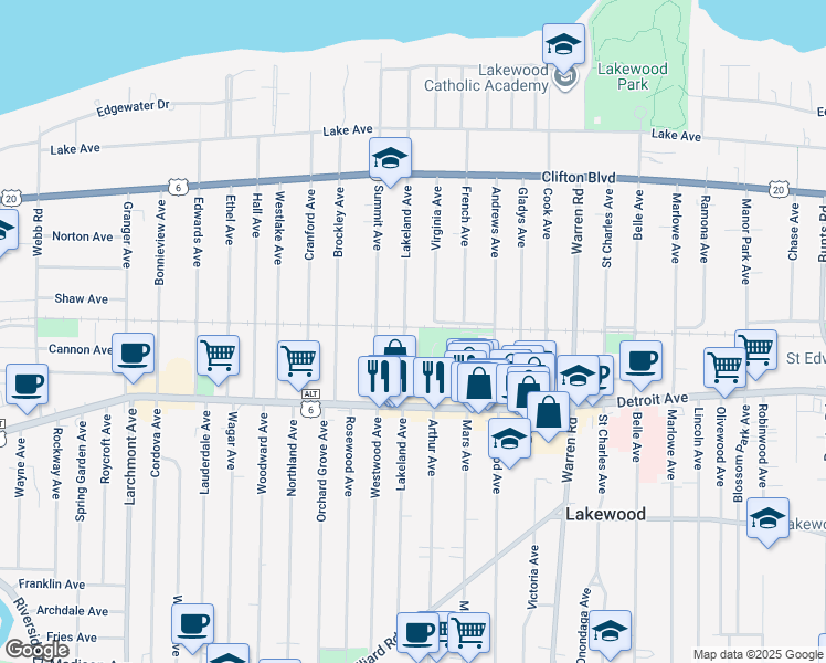 map of restaurants, bars, coffee shops, grocery stores, and more near 1333 Lakeland Avenue in Lakewood