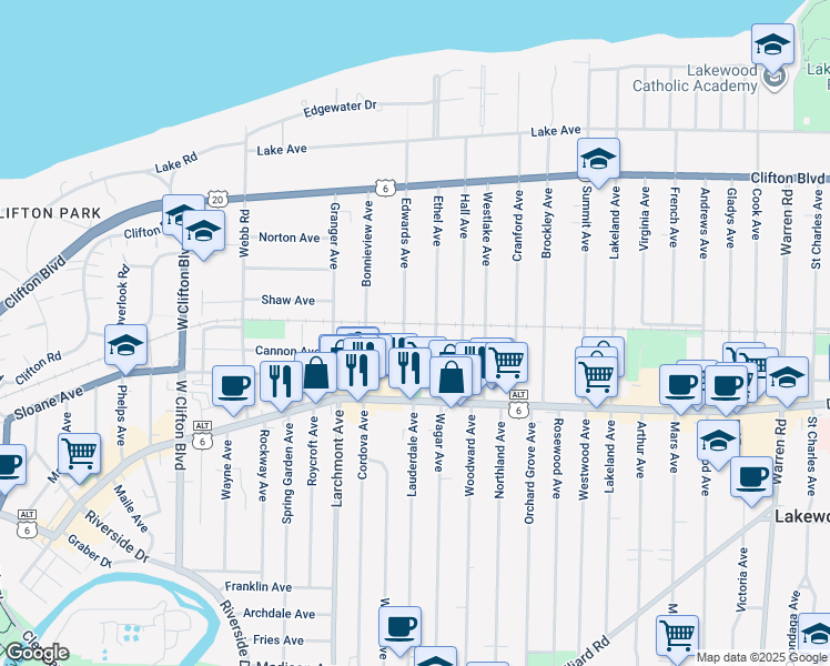 map of restaurants, bars, coffee shops, grocery stores, and more near 1340 Ethel Avenue in Lakewood