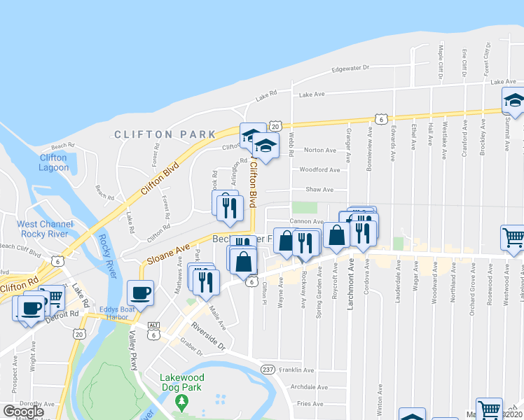 map of restaurants, bars, coffee shops, grocery stores, and more near 17840 Cannon Avenue in Lakewood