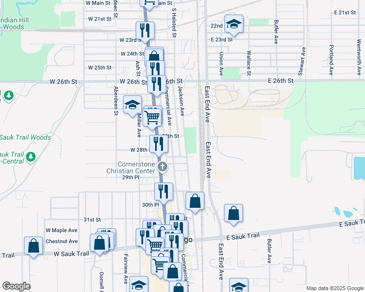 map of restaurants, bars, coffee shops, grocery stores, and more near 2830 Jackson Avenue in South Chicago Heights