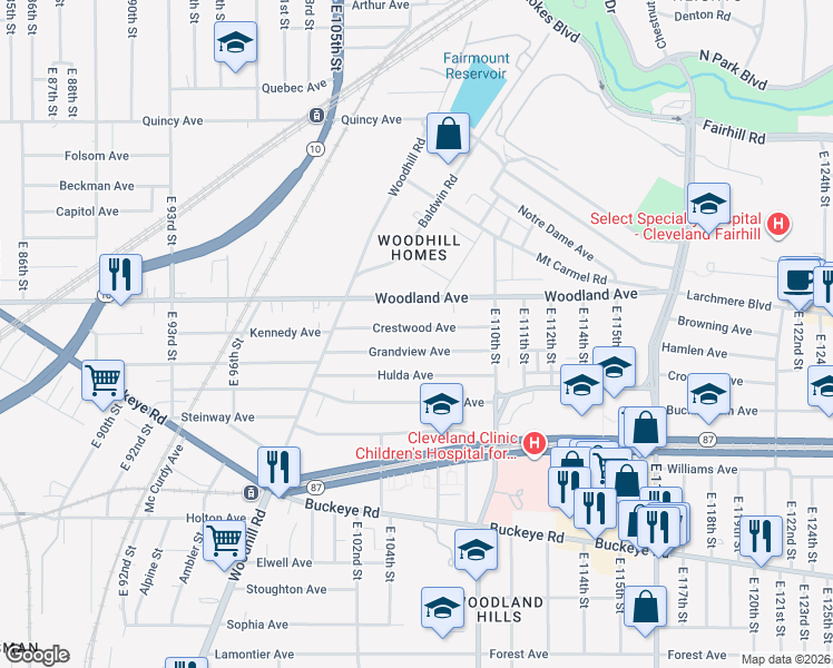 map of restaurants, bars, coffee shops, grocery stores, and more near 10623 Grandview Avenue in Cleveland