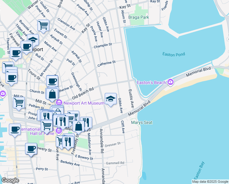 map of restaurants, bars, coffee shops, grocery stores, and more near 397 Gibbs Avenue in Newport