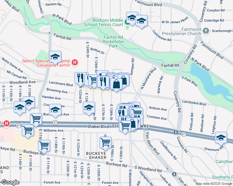 map of restaurants, bars, coffee shops, grocery stores, and more near 12906 Larchmere Boulevard in Cleveland