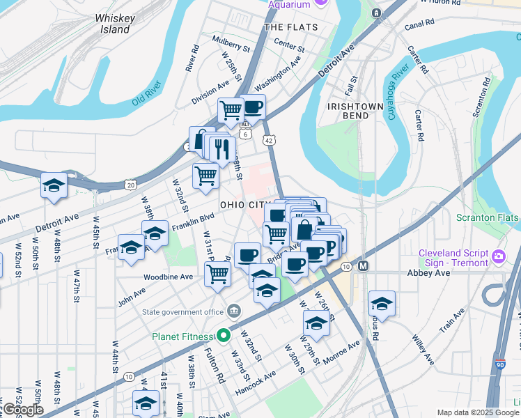 map of restaurants, bars, coffee shops, grocery stores, and more near 1730 West 25th Street in Cleveland