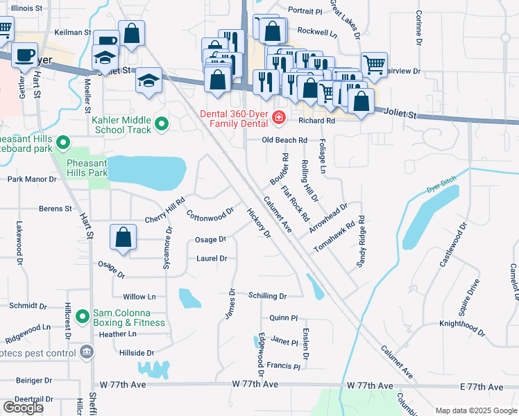 map of restaurants, bars, coffee shops, grocery stores, and more near in Dyer