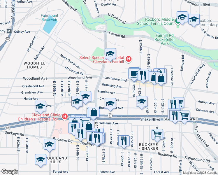 map of restaurants, bars, coffee shops, grocery stores, and more near 11810 Browning Avenue in Cleveland