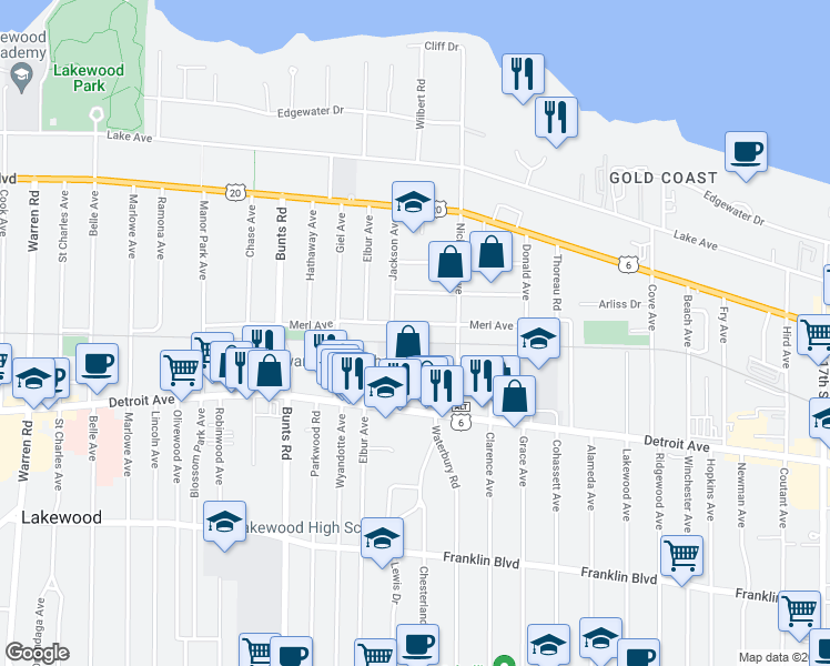 map of restaurants, bars, coffee shops, grocery stores, and more near 13443 Merl Avenue in Lakewood