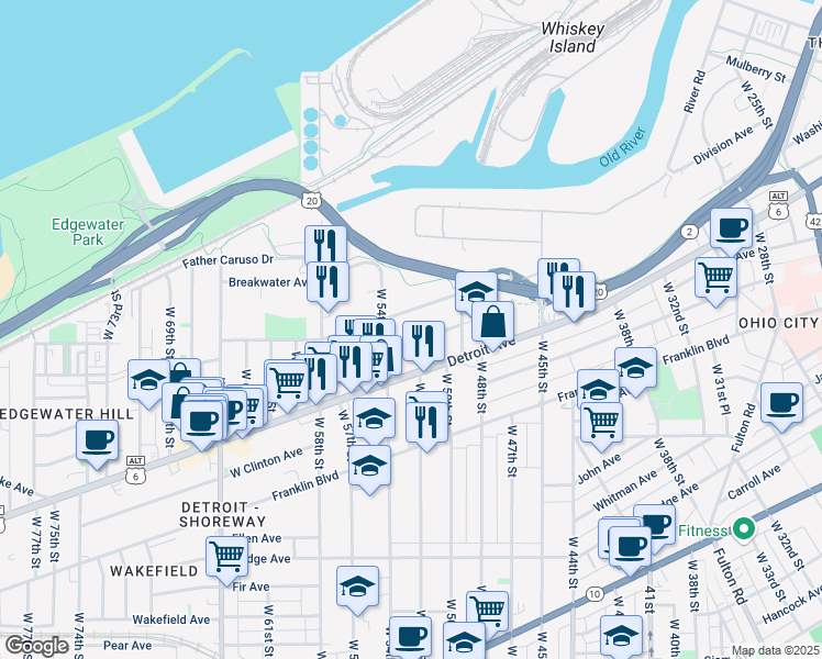 map of restaurants, bars, coffee shops, grocery stores, and more near 5208 Tillman Avenue in Cleveland