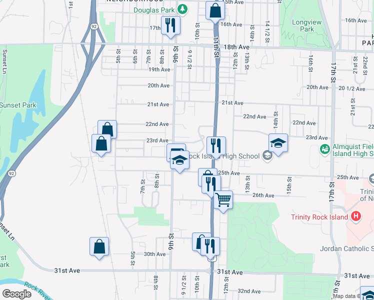 map of restaurants, bars, coffee shops, grocery stores, and more near 931 24th Avenue in Rock Island