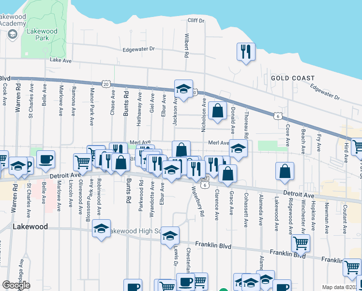 map of restaurants, bars, coffee shops, grocery stores, and more near 13451 Merl Avenue in Lakewood