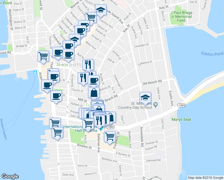 map of restaurants, bars, coffee shops, grocery stores, and more near 3 Fir Street in Newport