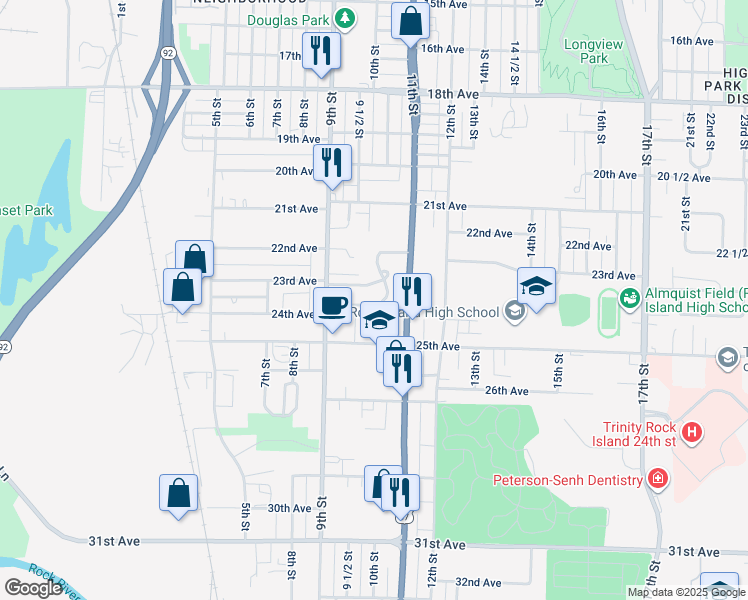 map of restaurants, bars, coffee shops, grocery stores, and more near 955 24th Avenue in Rock Island