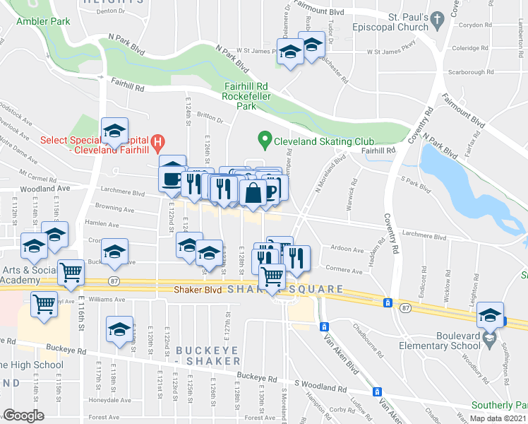 map of restaurants, bars, coffee shops, grocery stores, and more near Larchmere Blvd & Cheshire Rd in Cleveland
