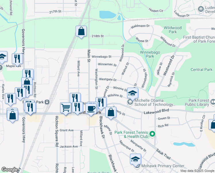 map of restaurants, bars, coffee shops, grocery stores, and more near 511 Wildwood Drive in Park Forest