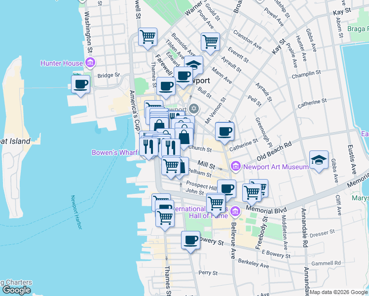 map of restaurants, bars, coffee shops, grocery stores, and more near in Newport