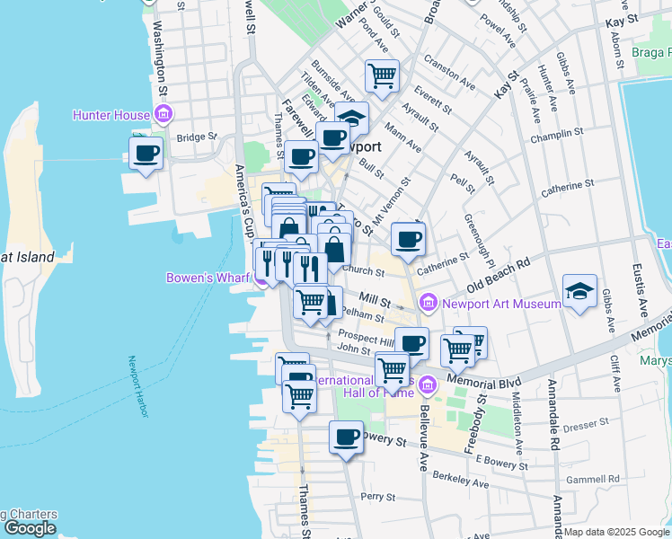map of restaurants, bars, coffee shops, grocery stores, and more near in Newport