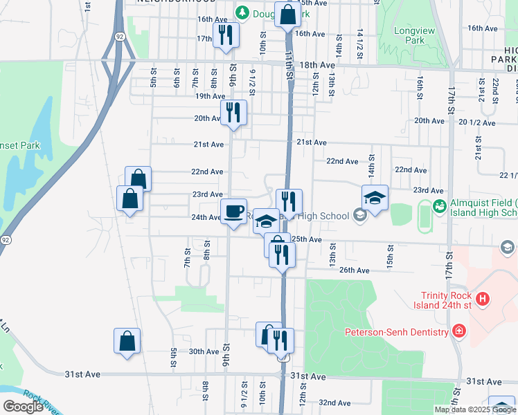 map of restaurants, bars, coffee shops, grocery stores, and more near 949 24th Avenue in Rock Island