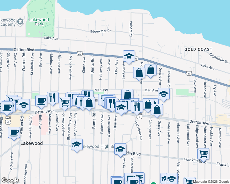 map of restaurants, bars, coffee shops, grocery stores, and more near 13511 Merl Avenue in Lakewood