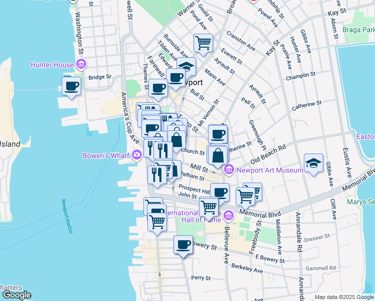 map of restaurants, bars, coffee shops, grocery stores, and more near 83 Church Street in Newport