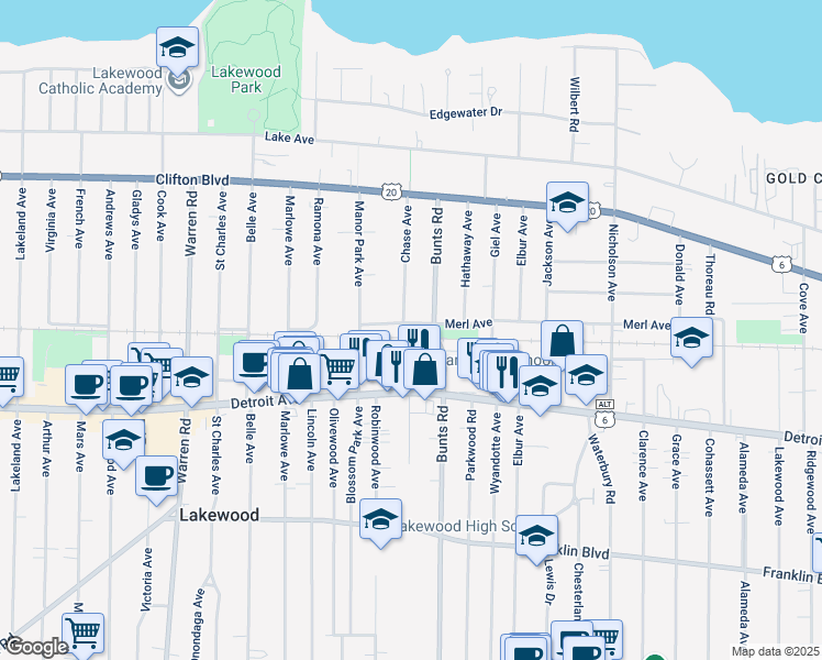 map of restaurants, bars, coffee shops, grocery stores, and more near 1330 Bunts Road in Lakewood