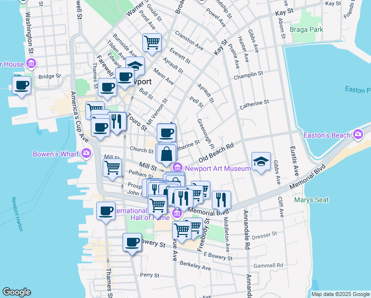 map of restaurants, bars, coffee shops, grocery stores, and more near 11 Catherine Street in Newport