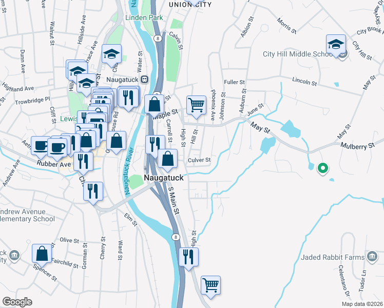 map of restaurants, bars, coffee shops, grocery stores, and more near 6 Culver Street in Naugatuck