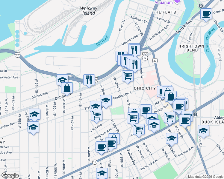 map of restaurants, bars, coffee shops, grocery stores, and more near 1522 West 32nd Street in Cleveland