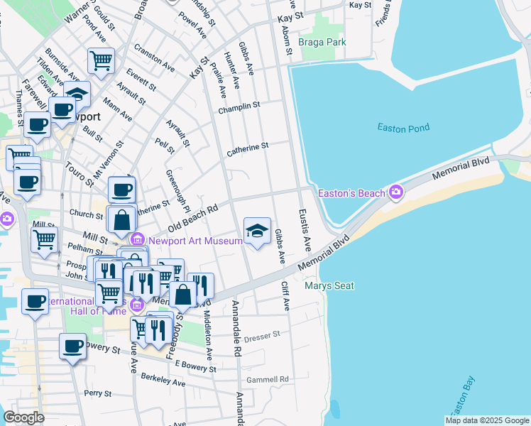 map of restaurants, bars, coffee shops, grocery stores, and more near 397 Gibbs Avenue in Newport