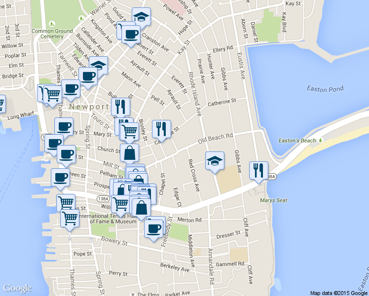 map of restaurants, bars, coffee shops, grocery stores, and more near 6 Red Cross Avenue in Newport