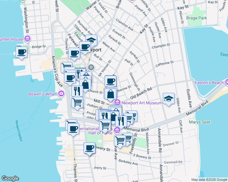 map of restaurants, bars, coffee shops, grocery stores, and more near 38 Bellevue Avenue in Newport