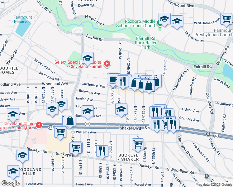 map of restaurants, bars, coffee shops, grocery stores, and more near 2624 East 124th Street in Cleveland