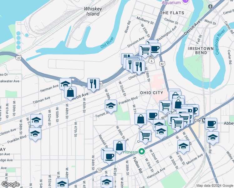map of restaurants, bars, coffee shops, grocery stores, and more near in Cleveland