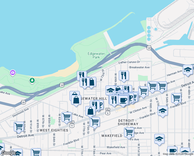 map of restaurants, bars, coffee shops, grocery stores, and more near 7306 Father Frascati in Cleveland